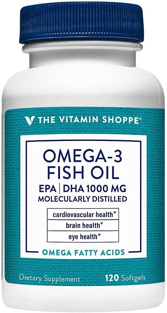 imageThe Vitamin Shoppe Omega 3 Fish Oil 500MG EPA DHA Heart Health Brain Function amp Joint Support Molecularly Distilled 240 Softgels120 Count Pack of 1