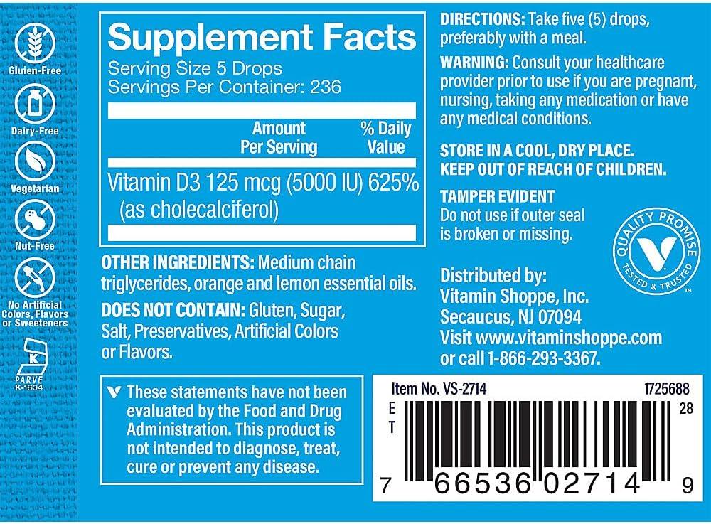 imageThe Vitamin Shoppe Vitamin Liquid D3 2000IU Supports Bone amp Immune Health Aids in Healthy Cell Growth amp Calcium Absorption 1 Fluid OunceCitrus