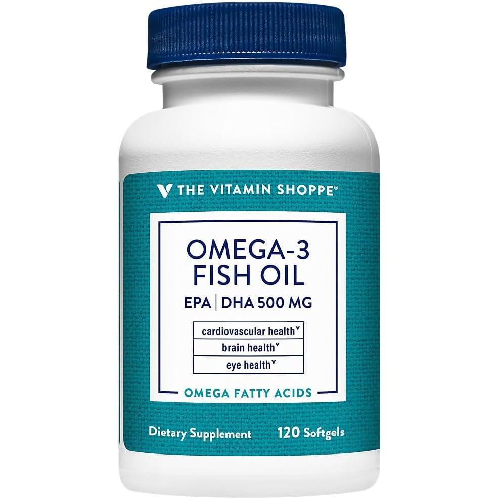 imageThe Vitamin Shoppe Omega 3 Fish Oil 500MG EPA DHA Heart Health Brain Function amp Joint Support Molecularly Distilled 240 Softgels120 Count Pack of 1