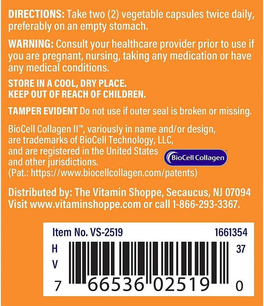 imageThe Vitamin Shoppe Collagen Type II 1000MG  Joint Health Cartilage Support amp Flexibility with Hyaluronic Acid 60 Vegetable Capsules60 Count Pack of 1