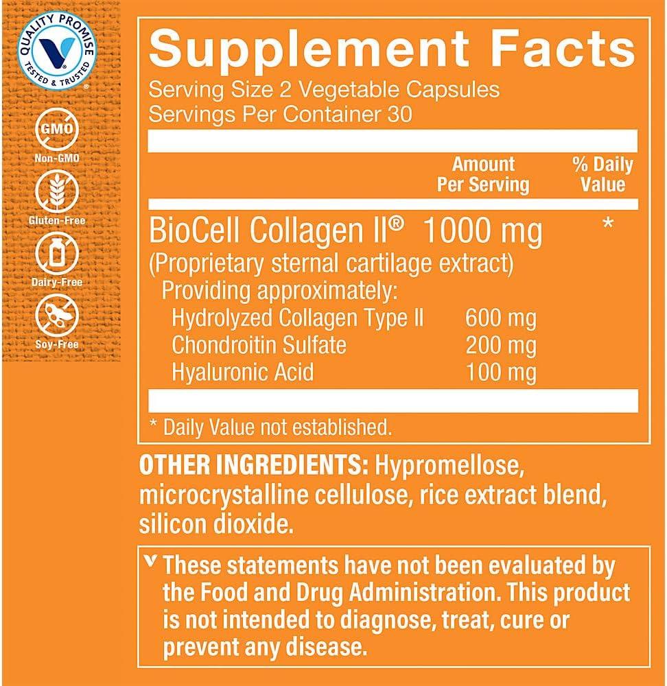 imageThe Vitamin Shoppe Collagen Type II 1000MG  Joint Health Cartilage Support amp Flexibility with Hyaluronic Acid 60 Vegetable Capsules60 Count Pack of 1