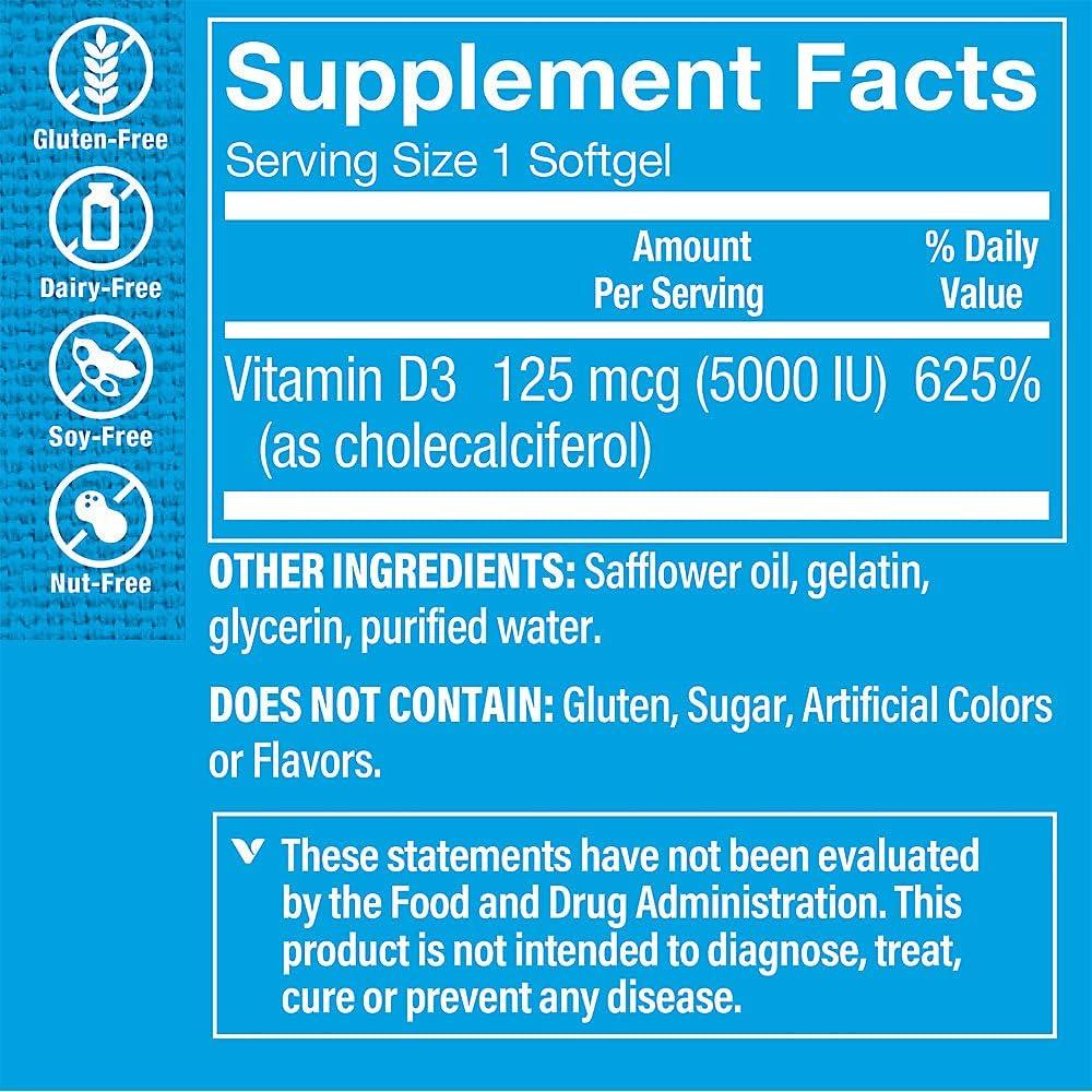 imageThe Vitamin Shoppe Vitamin D3 5000IU Bone Immune amp Cellular Health Cholecalciferol Softgels 200 Softgels GlutenFree100 Count Pack of 1