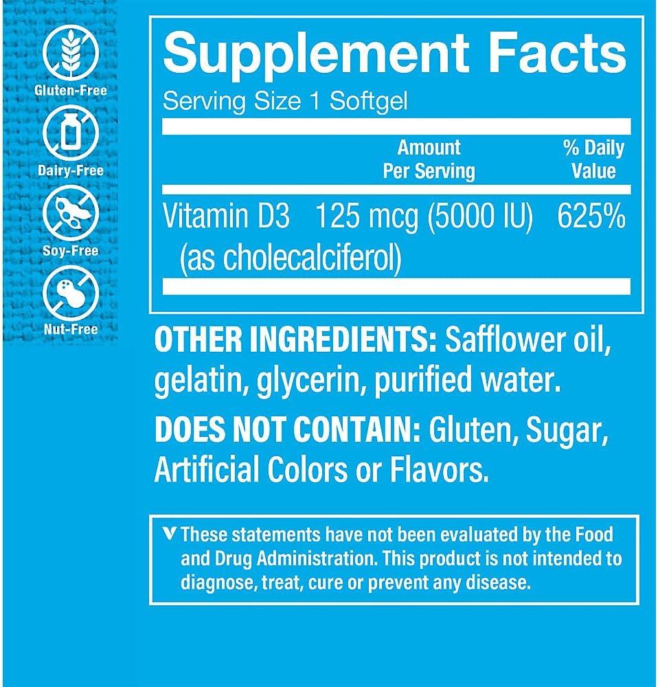 imageThe Vitamin Shoppe Vitamin D3 5000IU Bone Immune amp Cellular Health Cholecalciferol Softgels 200 Softgels GlutenFree200 count Pack of 1