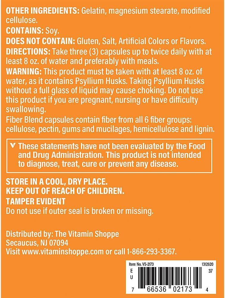 imageThe Vitamin Shoppe Fiber Blend Natural Source Insoluble and 100 Capsules600 Count Pack of 1