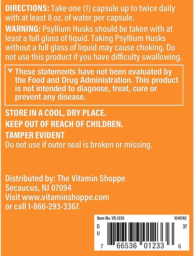 imageThe Vitamin Shoppe Psyllium Husks Plantago Ovata Fiber Supplement 300 Capsules300 Count Pack of 1