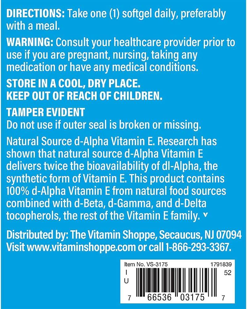 imageThe Vitamin Shoppe Vitamin E 1000IU Antioxidant Support for Skin Health amp Immune Function Daily Vitamin 60 Softgels240 Count Pack of 1