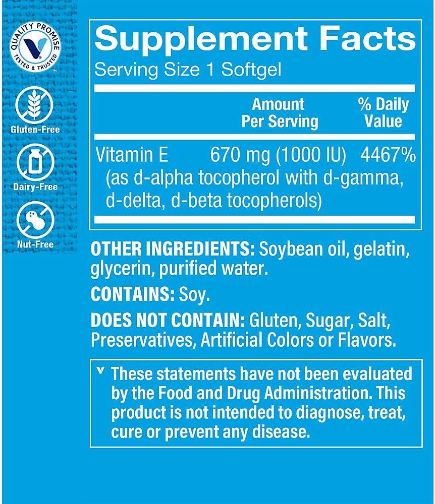 imageThe Vitamin Shoppe Vitamin E 1000IU Antioxidant Support for Skin Health amp Immune Function Daily Vitamin 60 Softgels240 Count Pack of 1
