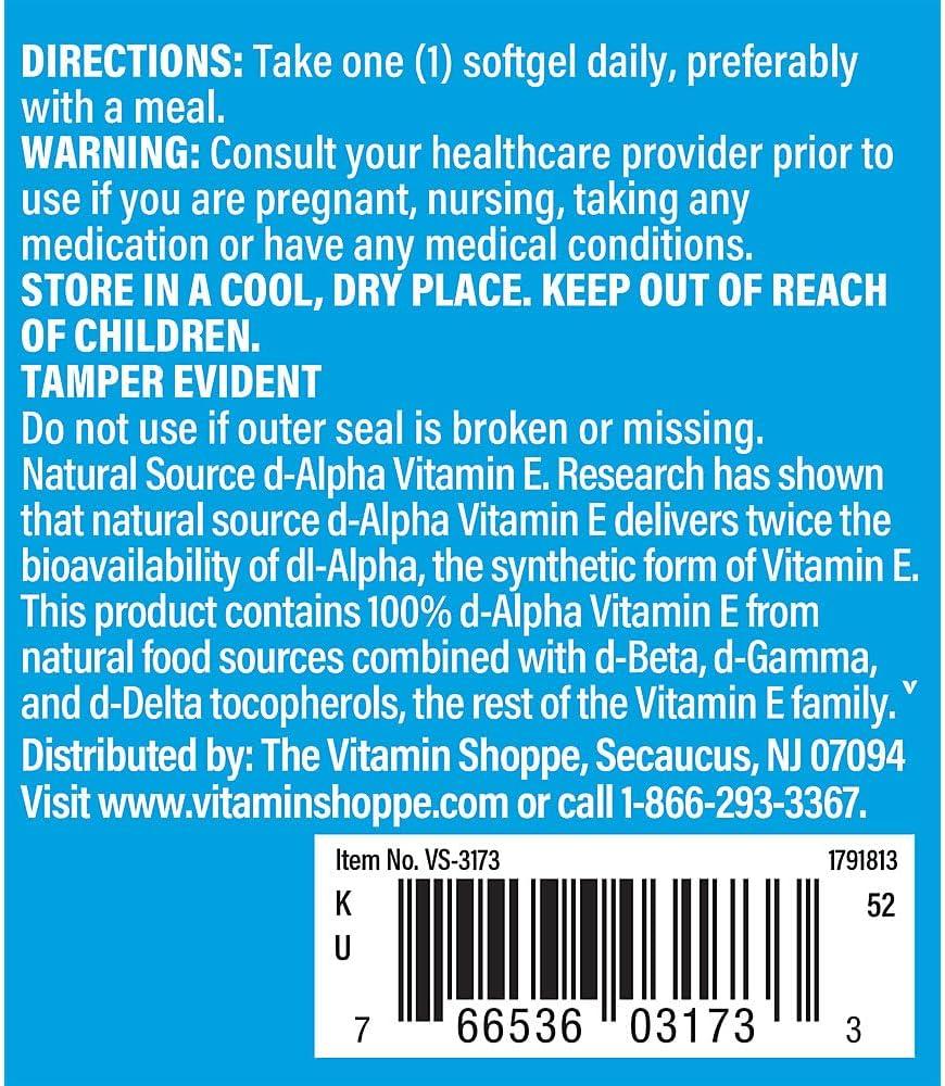imageThe Vitamin Shoppe Vitamin E 1000IU Antioxidant Support for Skin Health amp Immune Function Daily Vitamin 60 Softgels60 Count Pack of 1
