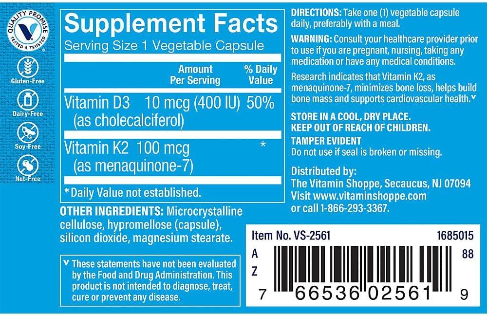 imageThe Vitamin Shoppe Vitamin K2 MK7 100 MCG Bone Density amp Arterial Health Menaquinone7 90 Capsules Vegan60 Count Pack of 1