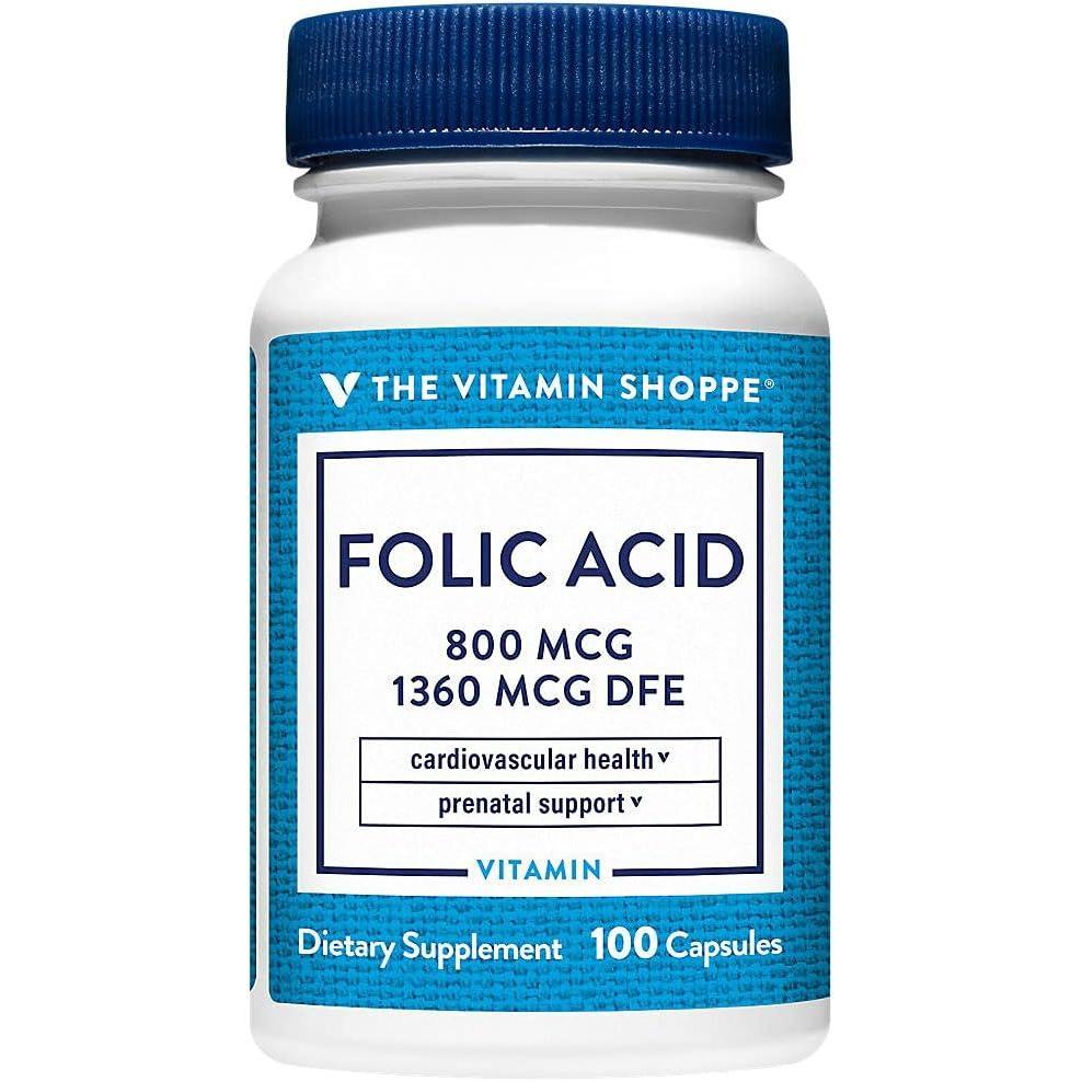 imageThe Vitamin Shoppe Folic Acid 800MCG Supports Prenatal Fetal 100 Capsules100 Count Pack of 1