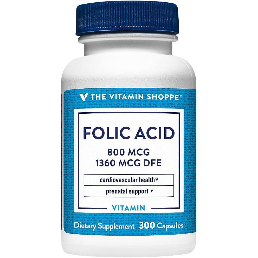 imageThe Vitamin Shoppe Folic Acid 800MCG Supports Prenatal Fetal 100 Capsules300 Count Pack of 1