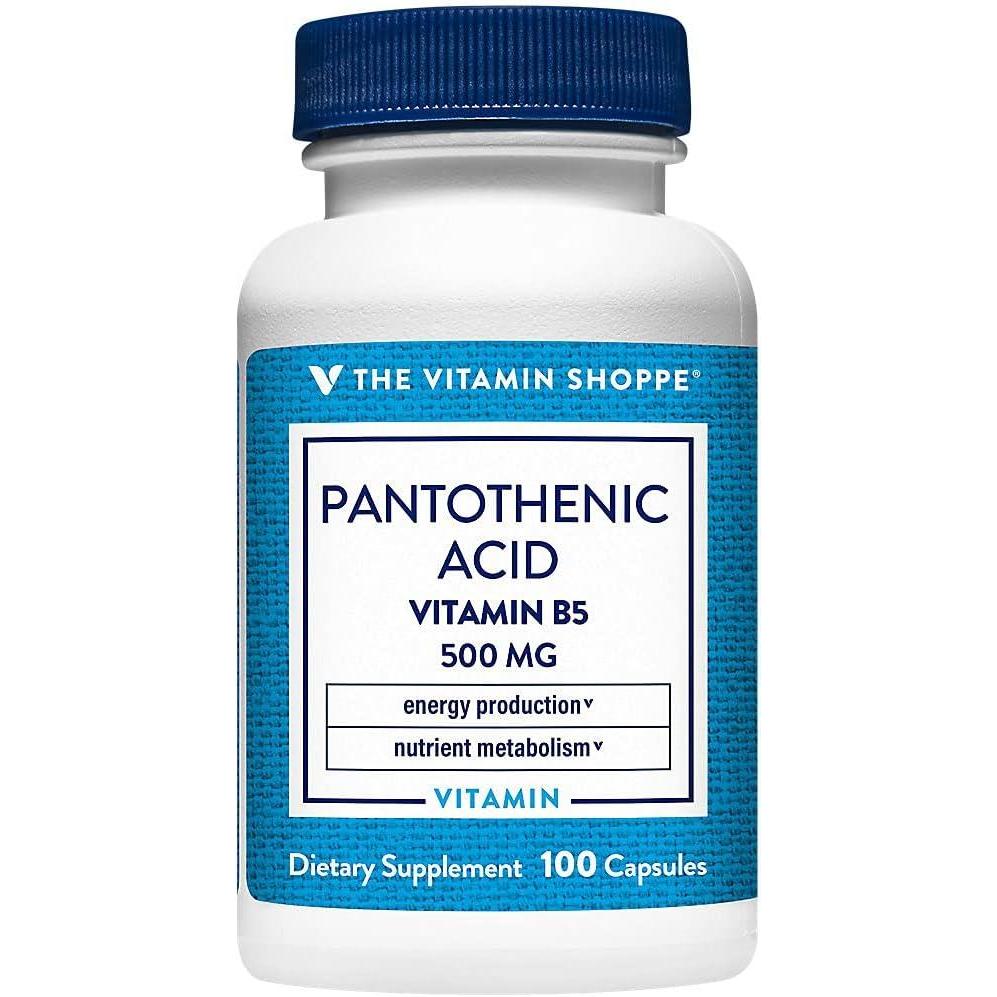 imageThe Vitamin Shoppe Pantothenic Acid 500mg Vitamin B5 Energy Production amp Hair Skin Nails Essential B Vitamin 100 Capsules Beauty100 Count Pack of 1