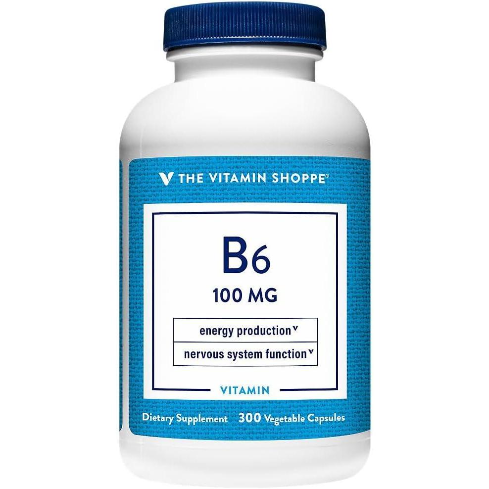 imageThe Vitamin Shoppe Vitamin B6 100mg  Energy Metabolism amp Brain Support  Pyridoxine Supplement  100 Veggie Capsules  GlutenFree300 Count Pack of 1