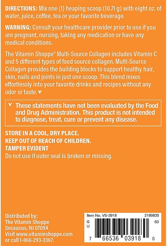 image:imageThe Vitamin Shoppe MultiSource Collagen Powder  Features 5 Types of Collagen to Enhance Hair Skin and Nails  Unflavored Powder 17 oz  45 Servings